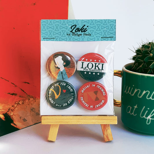 4x Loki Themed Badge/Button Pack