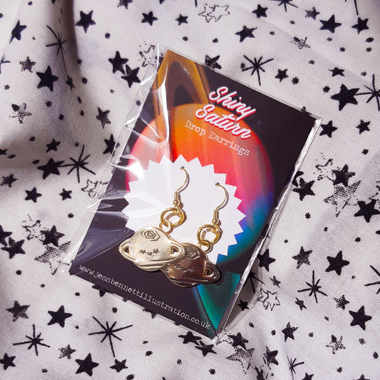 Shiny Gold Saturn - Planet Dangle/Drop Earrings